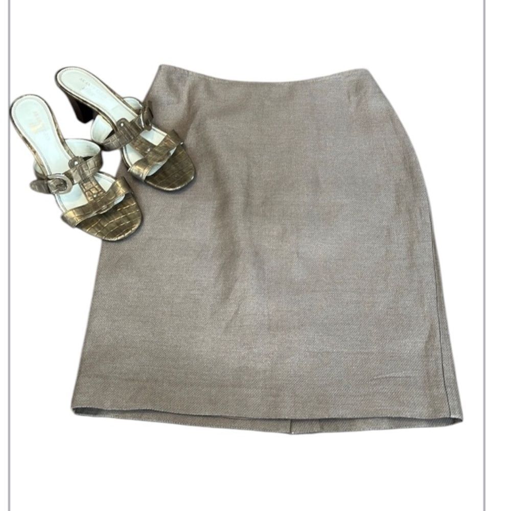 Talbots sz 2P tan mini skirt with shimmery gold threads back zip fully lined EUC